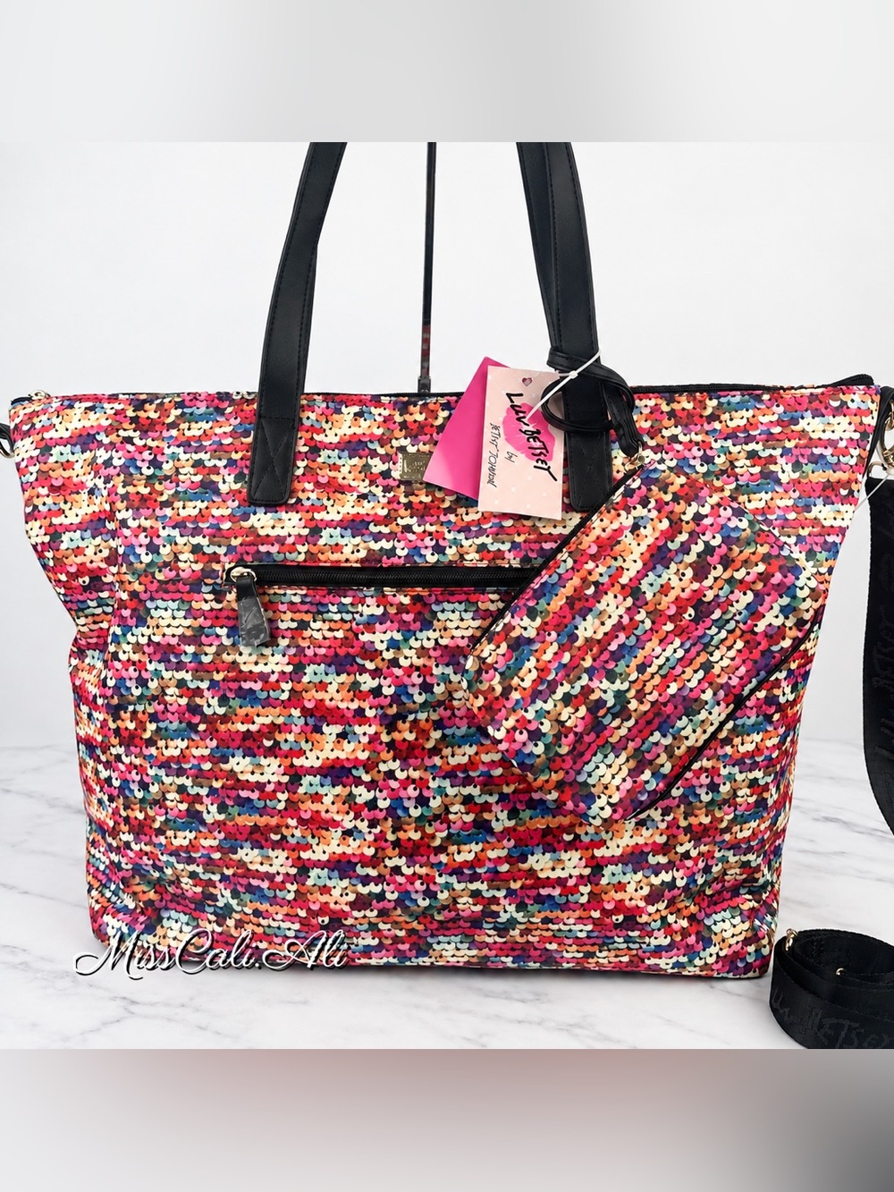 NWT BETSEY JOHNSON Colorful Sequin Overnighter Weekender Travel Bag + Pouch